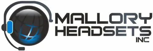 Logo of mallory headsets inc, featuring a stylized black and blue headset integrated into the text.