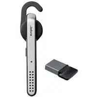 Jabra Stealth UC with ear hook and accompanying usb dongle on a white background.