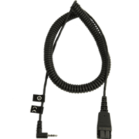 Sentence with product name: Coiled cable with a Jabra 2.5mm QD Cable connector on one end and a 3.5mm jack with an attached control module on the other, against a dark background.