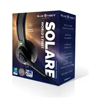 A product image of a Blue Tiger Solare headset in its packaging, highlighting world's first technology features.