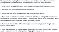 Textual list of purchasing "Terms and Conditions-READ BEFORE ORDERING" for electronic items, including return policy and shipping guidelines.